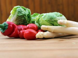 Zutaten: Romanasalat, Paprika, Tomaten und weißer Spargel