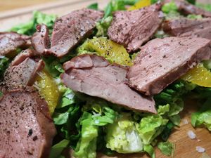 Entensalat mit Entenbrust und Orangenstücken, Nahaufnahme